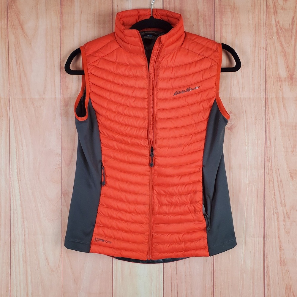 Eddie Bauer StormDown Womens Puffer Vest Sz XS Orange Black Mock Neck Full Zip